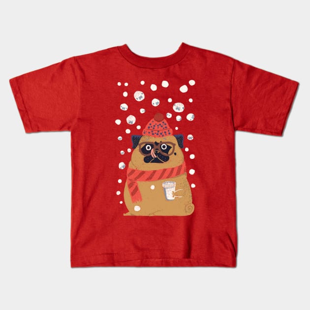 Pug in Snow Kids T-Shirt by huebucket